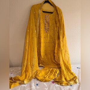 Yellow Mustard Embroidered Three Piece  Outfit